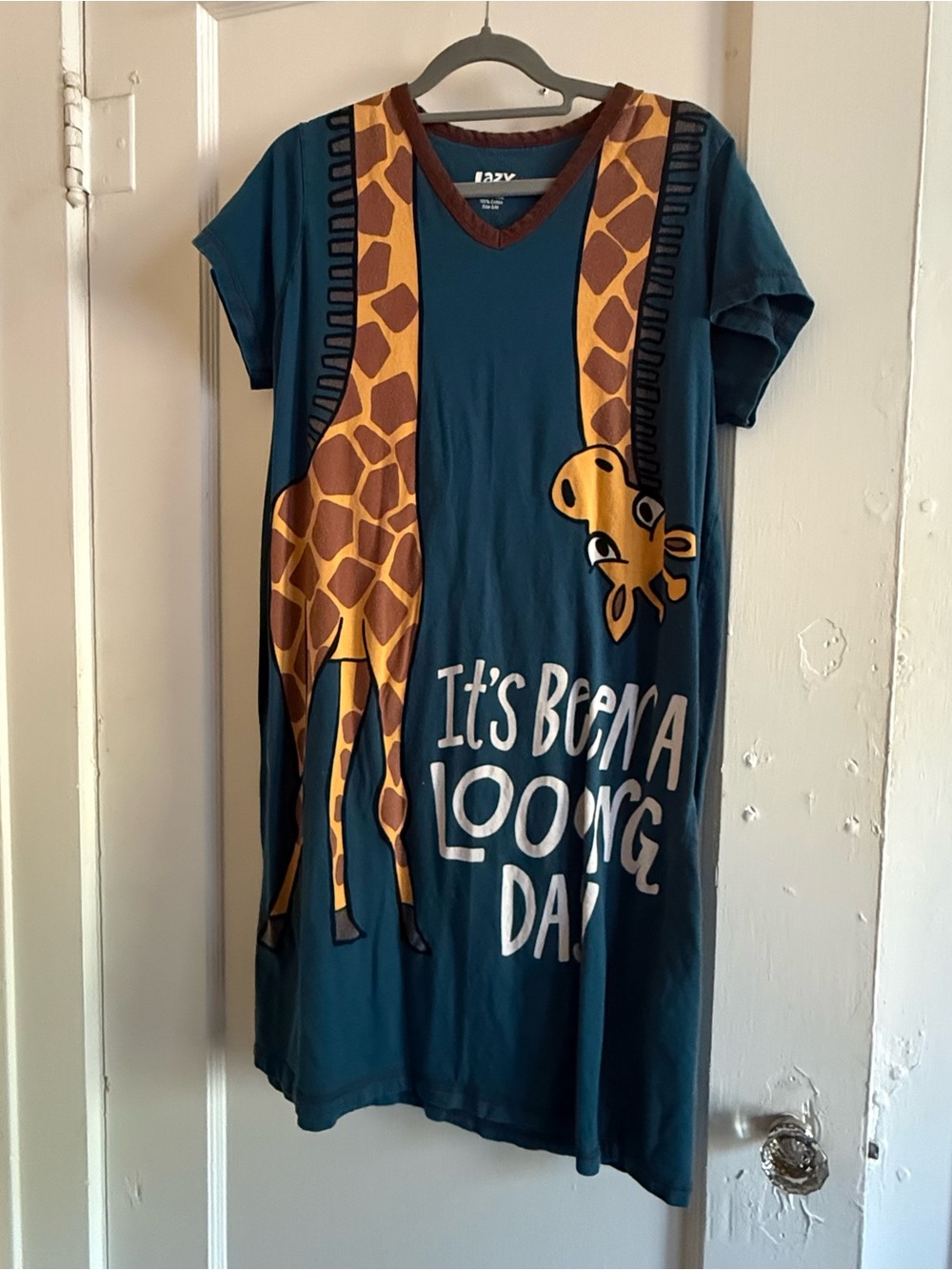 Giraffe Print Lazy One Teal Blue V Neck Nightshirt with Brown Trim